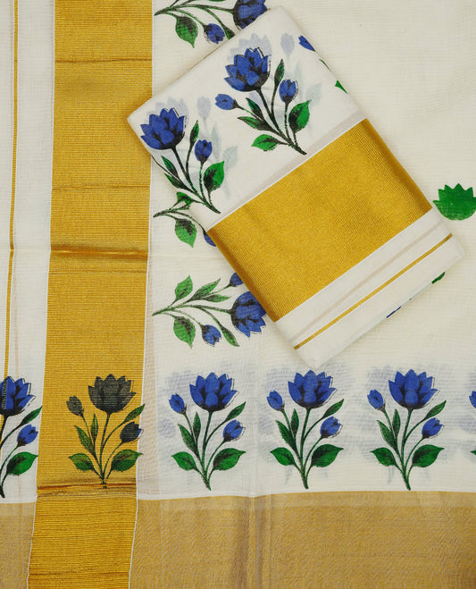 Cream colour cotton set mundu featuring kasav kara with Blue flower print.