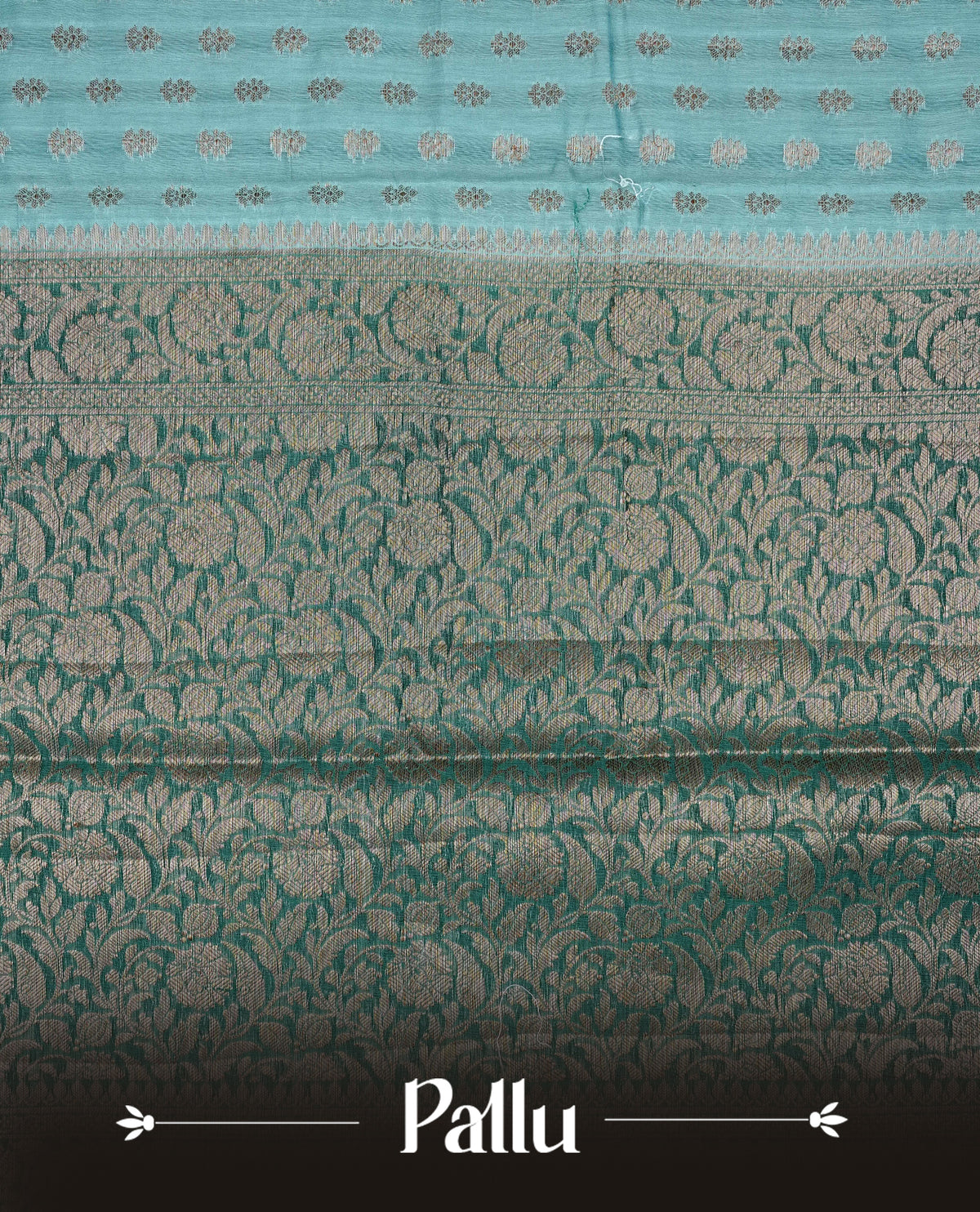 Sky blue colour Banaras silk saree featuring gold zari buttas on body, complemented by contrast teal colour border, comes with matching blouse piece.