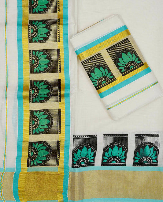 Cream colour cotton set mundu Kasav kara with Blue design print.