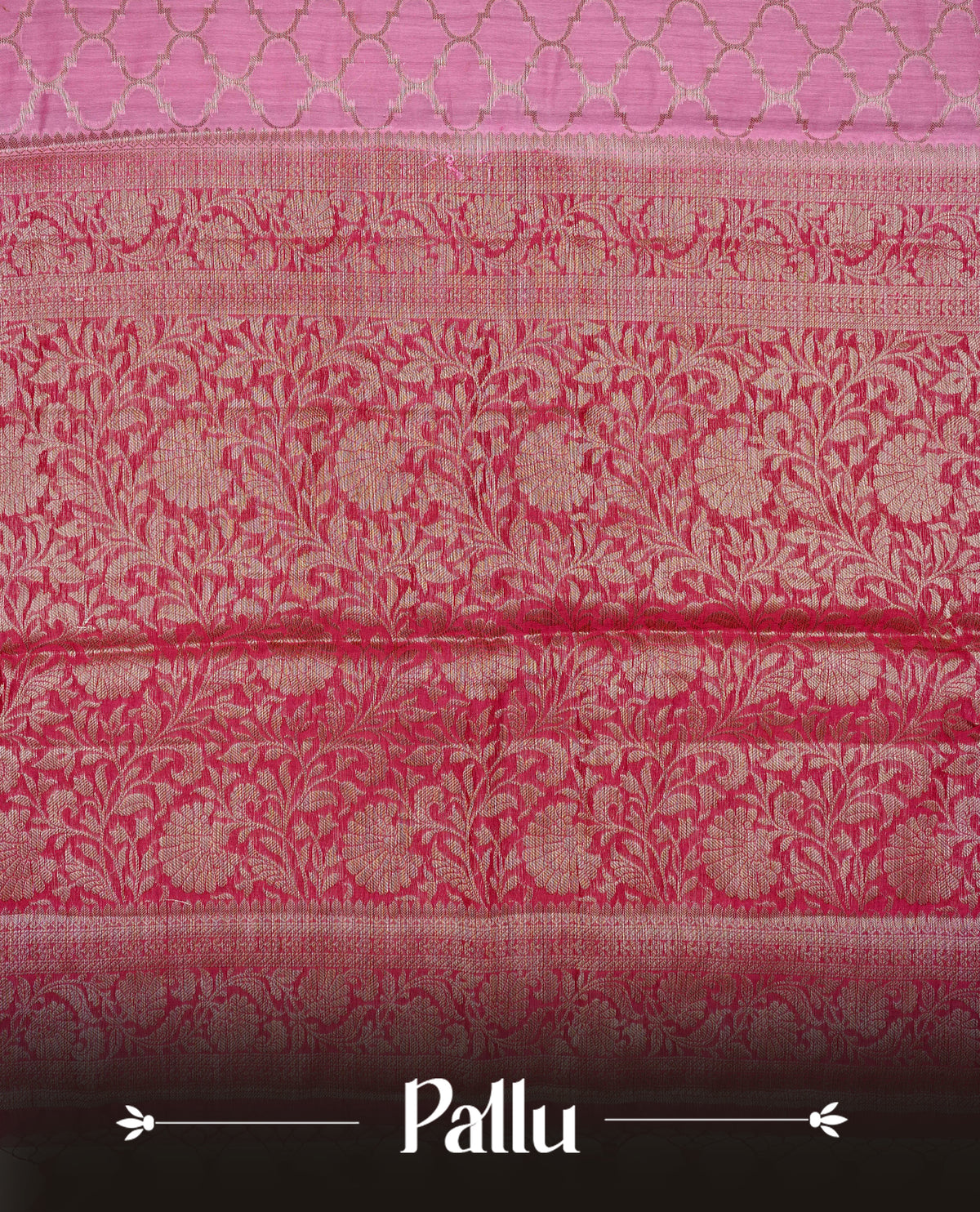 Pink colour Banaras silk saree featuring gold zari Geometric pattern on body, complemented by contrast Magenta colour with zari border, comes with matching blouse piece.