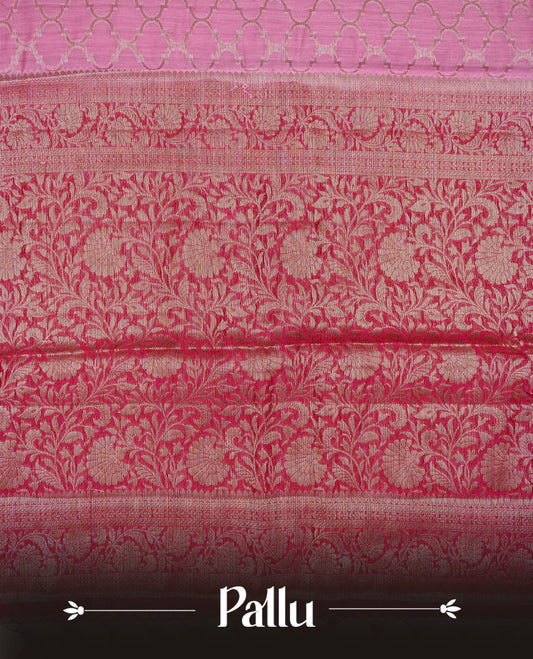 Pink colour Banaras silk saree featuring gold zari Geometric pattern on body, complemented by contrast Magenta colour with zari border, comes with matching blouse piece.