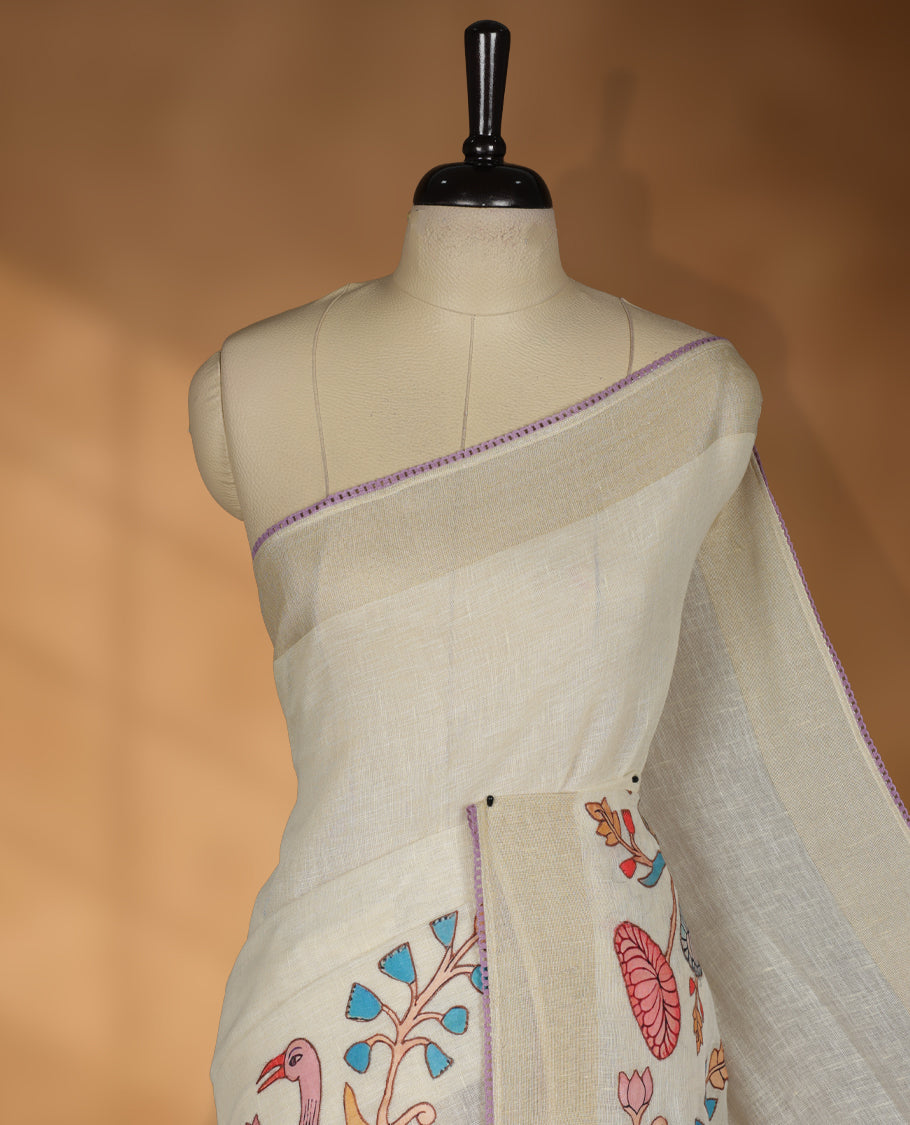 Cream colour cotton linen silk saree featuring Floral  & brids printed pattern on body, golden simple border with Lavender colour pallu and comes with a matching blouse