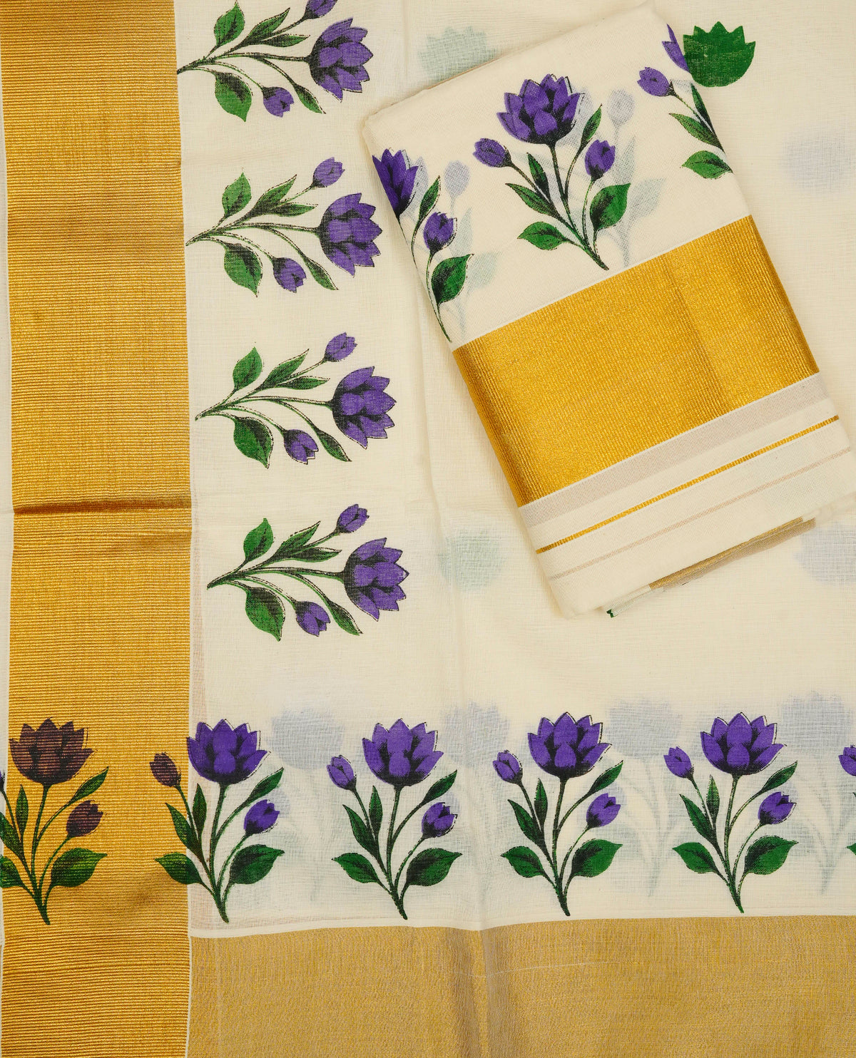 Cream colour cotton Set Mundu With Plain body, enhanced with gold Kasav With Purple flower Printed kara.