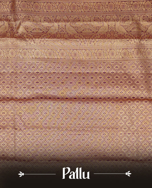 Deep purple & Gold Double shade Semi Tissue Silk saree featuring Light gold Kodi pattern on body, complemented by Contrast Green with gold zari border, paired with matching blouse piece.
