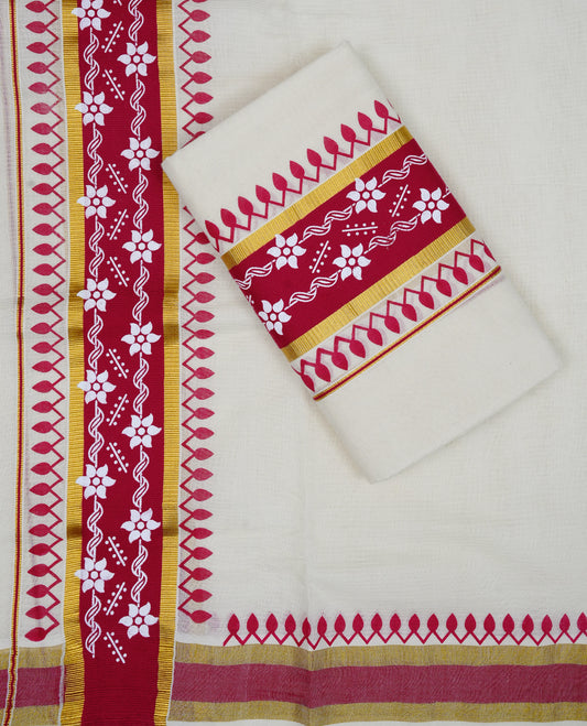 Cream colour cotton set mundu featuring gold with red printed kara.