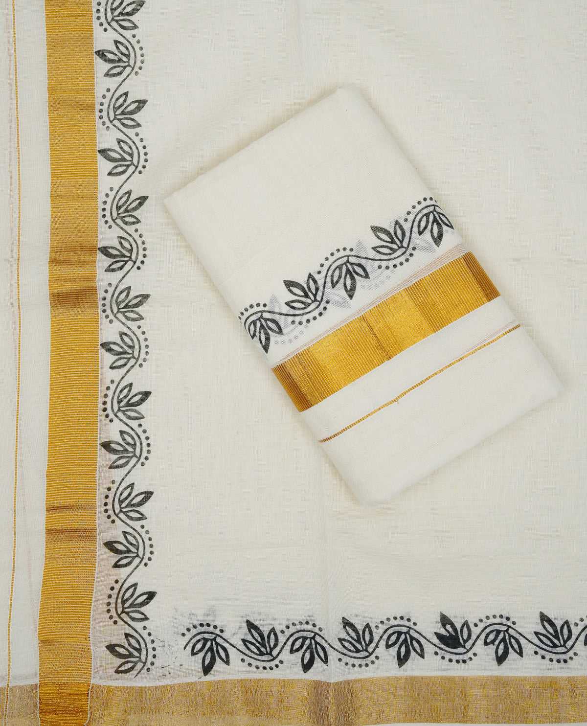 Cream colour cotton set mundu featuring simple Kasav with Black colour kodi print.