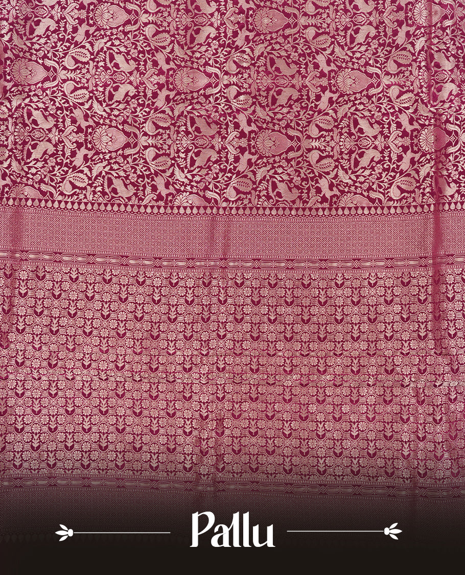 Dark Purple colour Mysore Crepe Silk saree fearturing gold Zari kodi visiri & Animal brocade pattern on body and self colour border paired with matching blouse