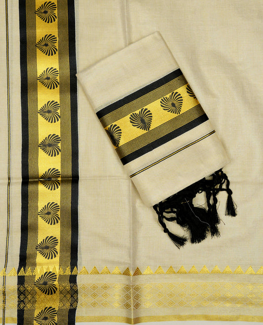 Light gold Tissue Set mundu featuring black heart print on gold kasav kara.