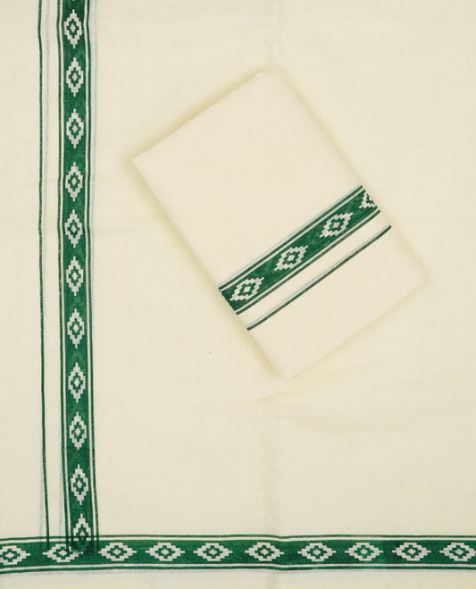 Cream colour cotton Set Mundu With Plain body, enhanced with Green colour design printed kara.