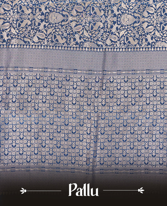 Dark Blue colour Mysore Crepe Silk saree fearturing gold zari kodi visiri & Animal brocade pattern on body and self colour border paired with matching blouse