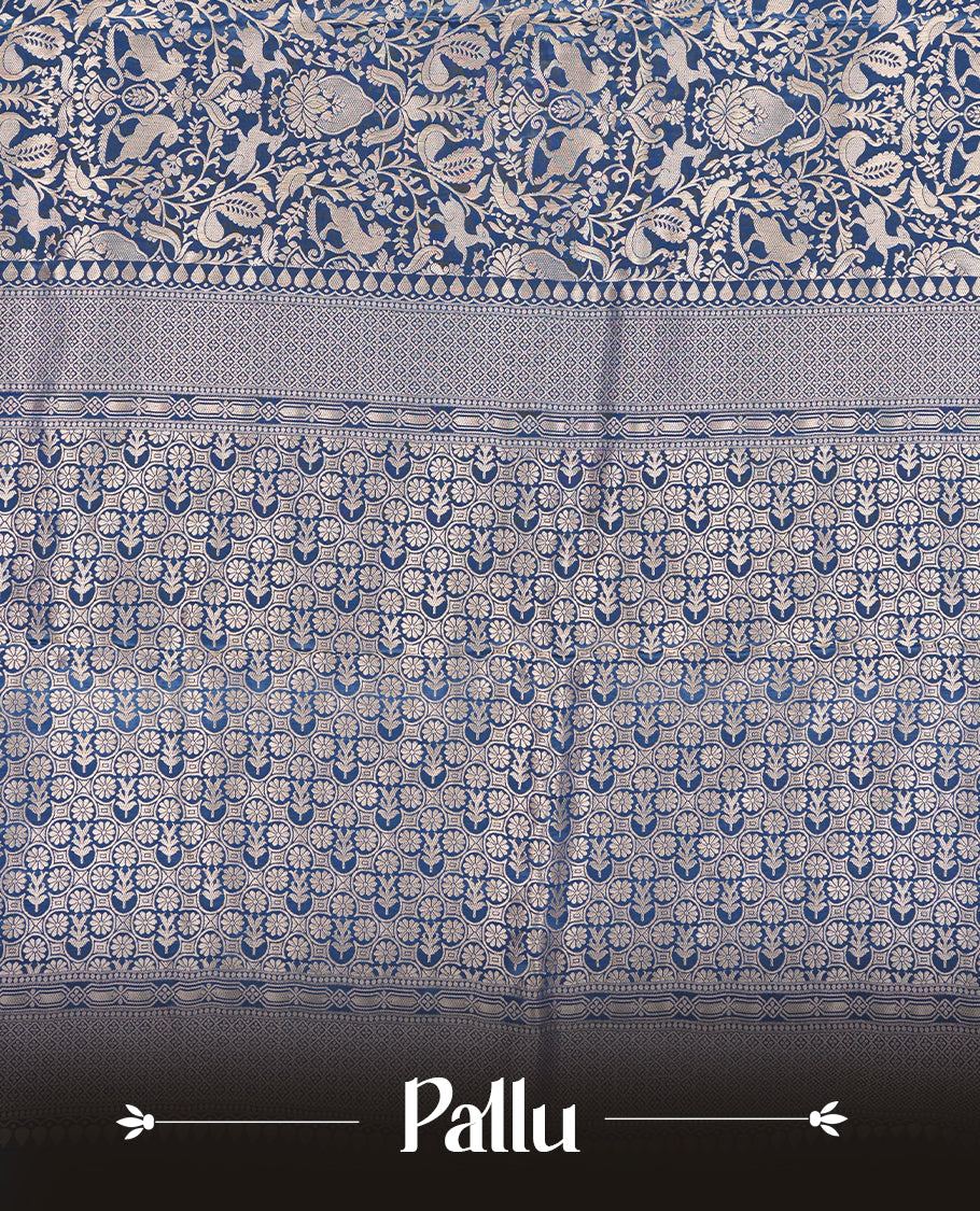 Dark Blue colour Mysore Crepe Silk saree fearturing gold zari kodi visiri & Animal brocade pattern on body and self colour border paired with matching blouse