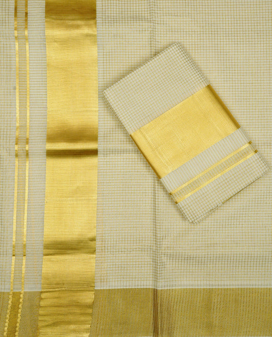 Cream colour cotton Set Mundu With gold zari check body, enhanced with Gold kasavu kara.