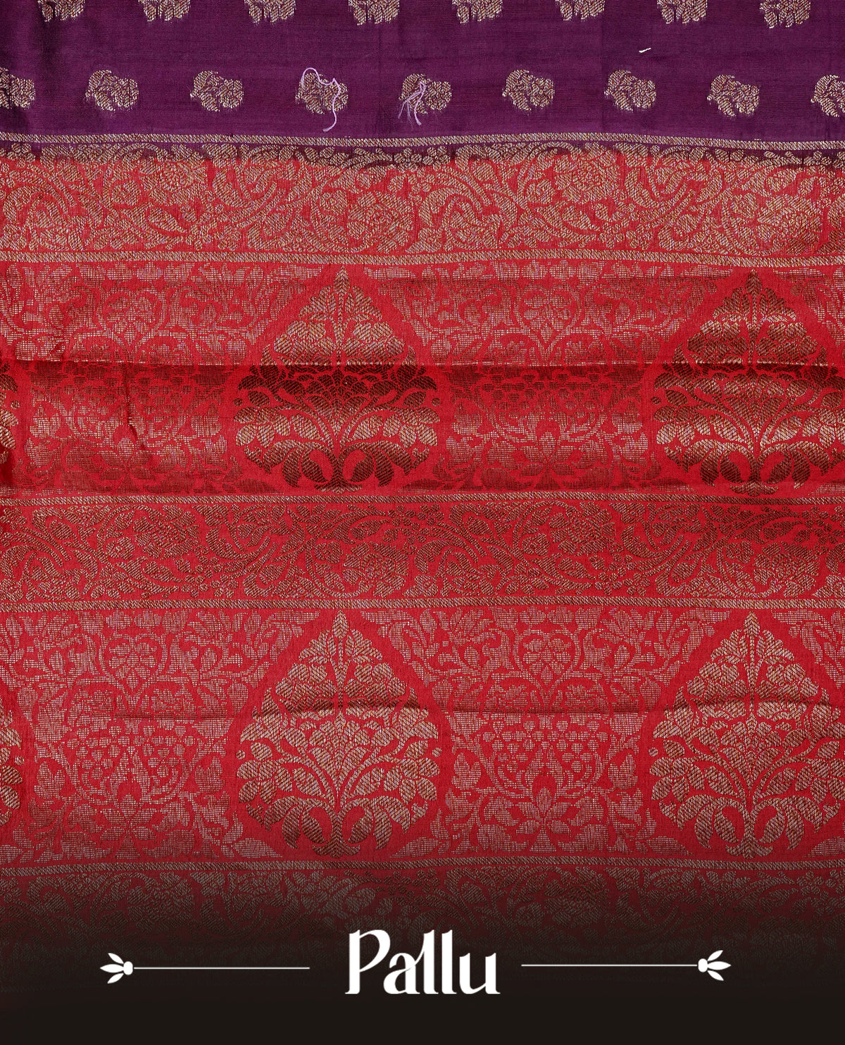 Purple colour banaras saree featuring Gold zari buttas on body, complemented by contrast Maroon colour with simple zari border, comes with matching blouse piece.