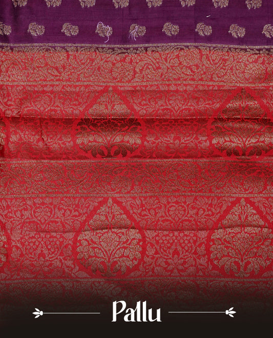 Purple colour banaras saree featuring Gold zari buttas on body, complemented by contrast Maroon colour with simple zari border, comes with matching blouse piece.