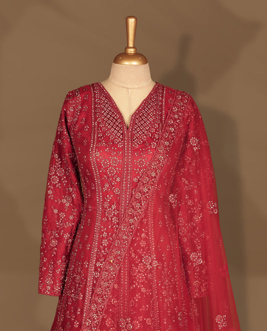 Deep red colour fully embroidered stitched gown set with V‑neckline, full sleeves, all‑over sequin and bead floral work, and matching net dupatta with heavily embellished border.