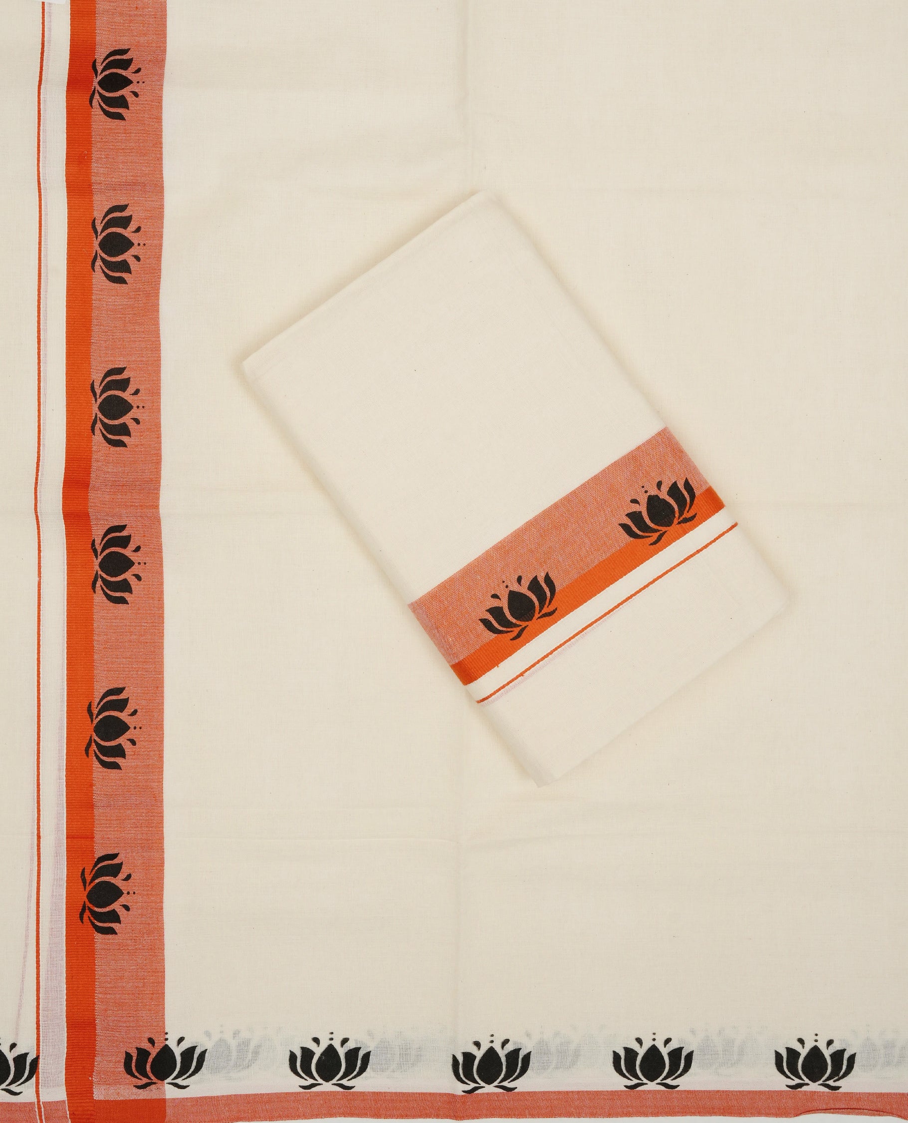 Cream colour cotton Set Mundu With Plain body, enhanced with Orange colour kara with lotus print.