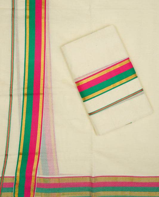 Cream colour Cotton set mundu With plain body, enhance gold zari with Green, Pink kara.