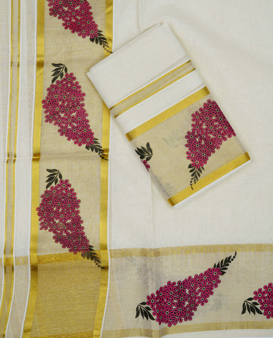 Cream colour cotton set mundu featuring gold kasav kara with floral print.