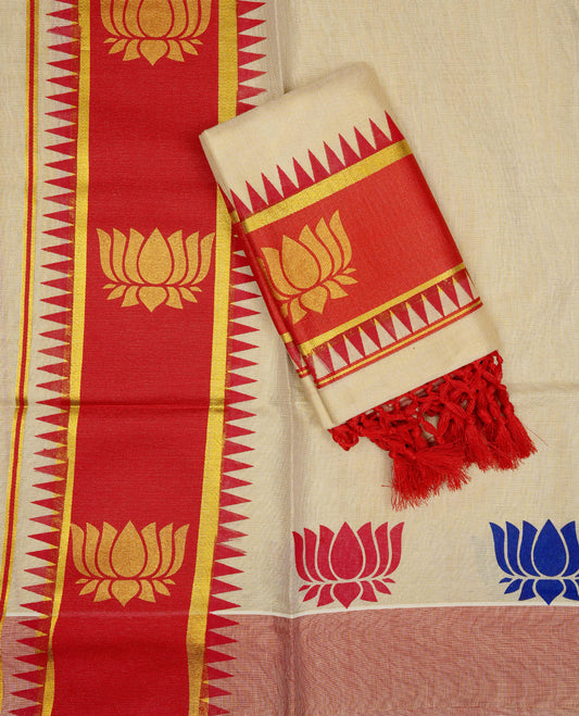 Cream tissue set mundu featuring a plain body, enhanced with lotus motifs In Red Kara and intricate gold zari detailing on the kara