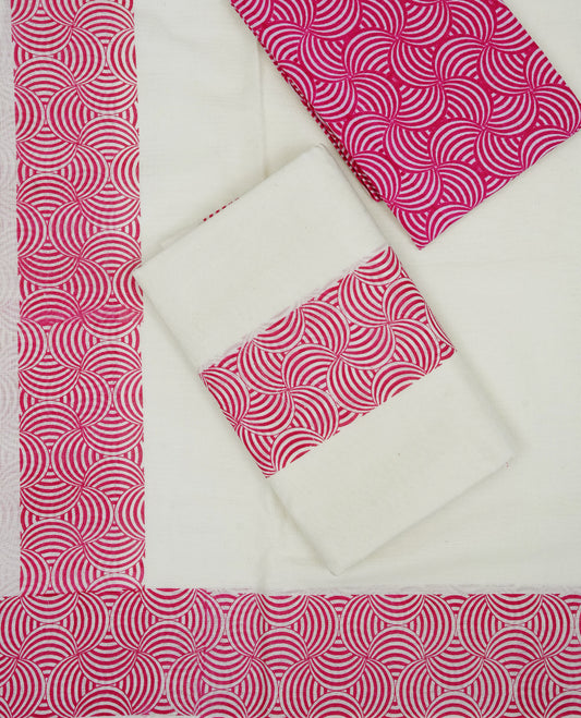 Cream colour Cotton set mundu featuring magenta design printed border
