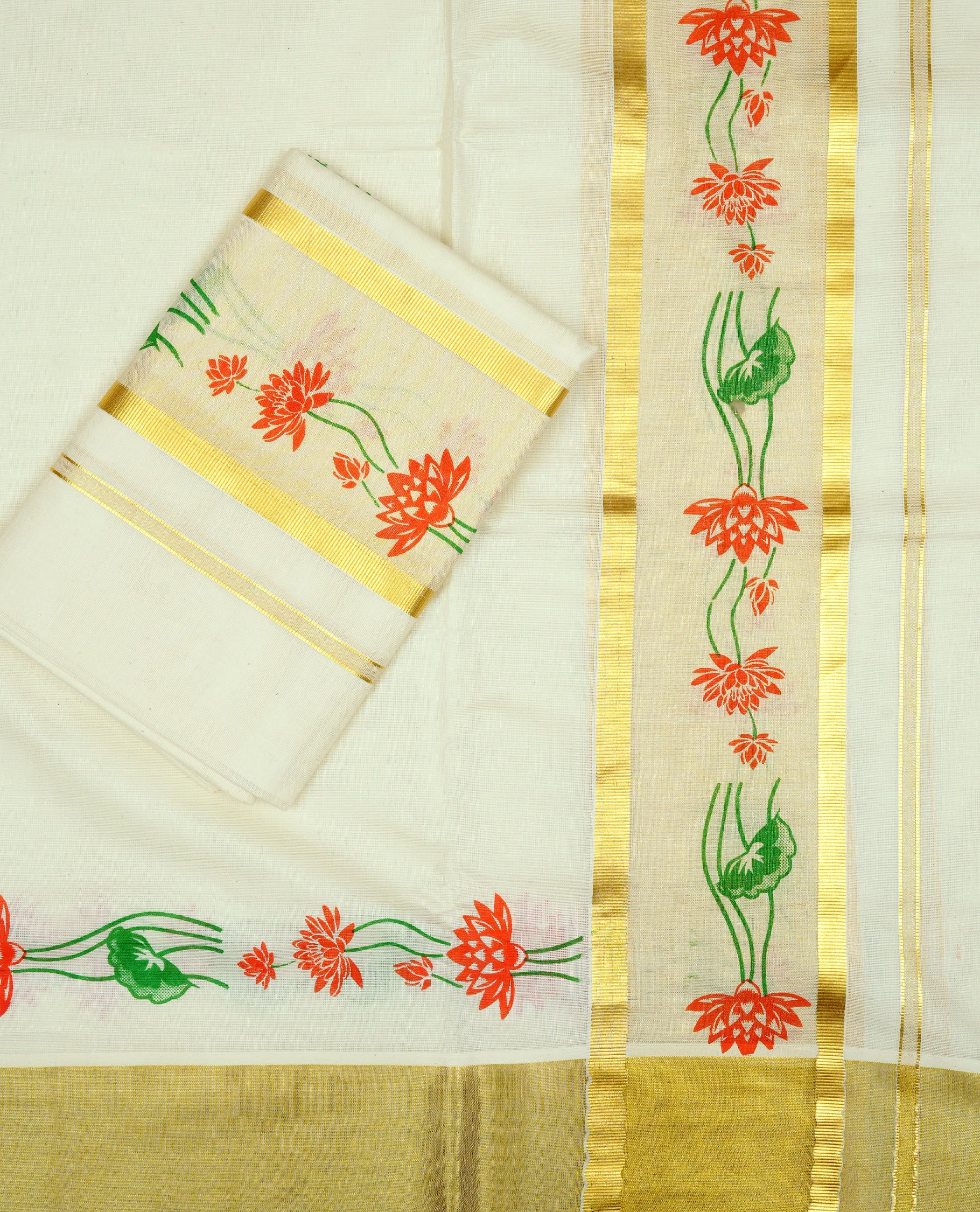 Cream colour cotton Set Mundu With Plain body, enhanced with Lotus Flower Print & Gold kasavu kara.