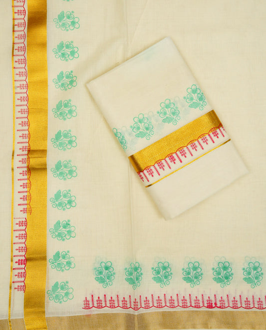 Cream colour cotton Set Mundu With Plain body, enhanced with Gold kasavu with Printed kara.