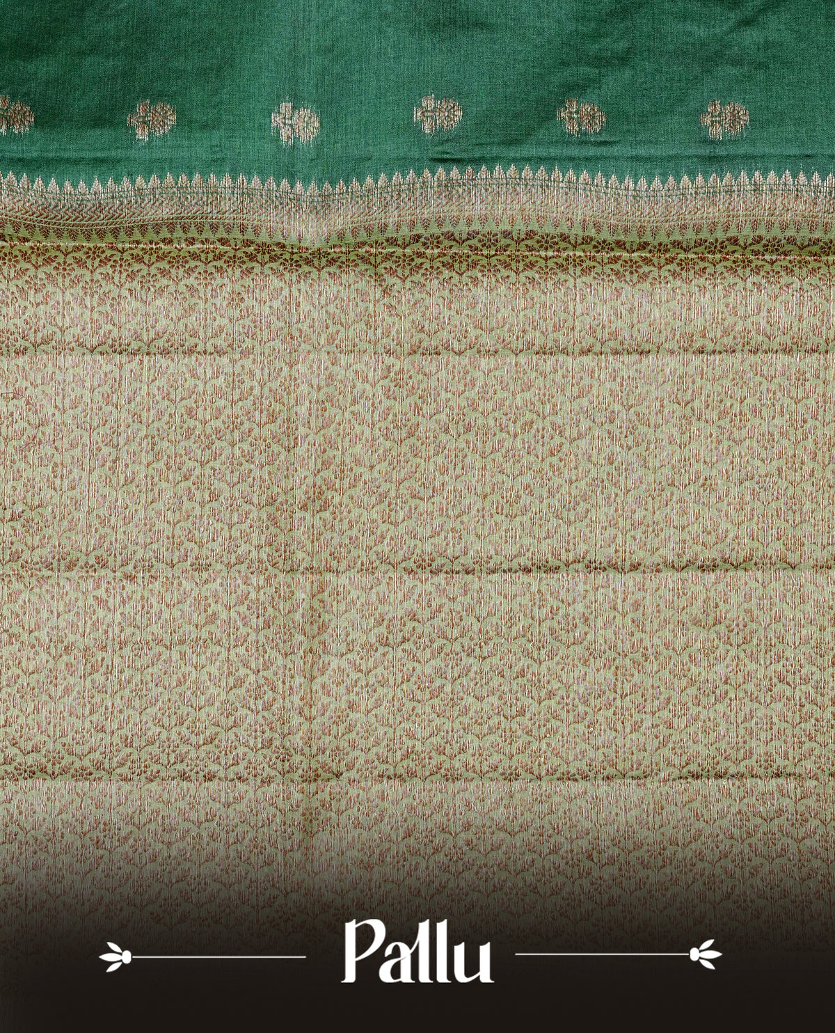 Dark green colour banaras silk saree featuring Gold zari buttas on body, complemented by contrast Light green colour border, comes with matching blouse piece.