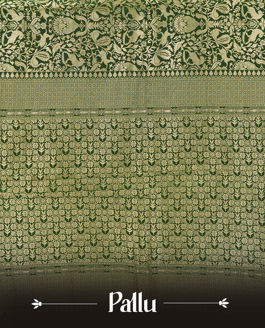 Dark Green colour Mysore Crepe Silk saree fearturing gold Zari kodi visiri & Animal brocade pattern on body and self colour border paired with matching blouse