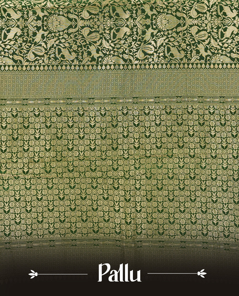 Dark Green colour Mysore Crepe Silk saree fearturing gold Zari kodi visiri & Animal brocade pattern on body and self colour border paired with matching blouse