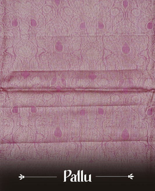 Pastel pink Colour banaras saree featuring Light gold zari Floral kodi pattern on body, complemented by borderless finish, comes with matching blouse piece.