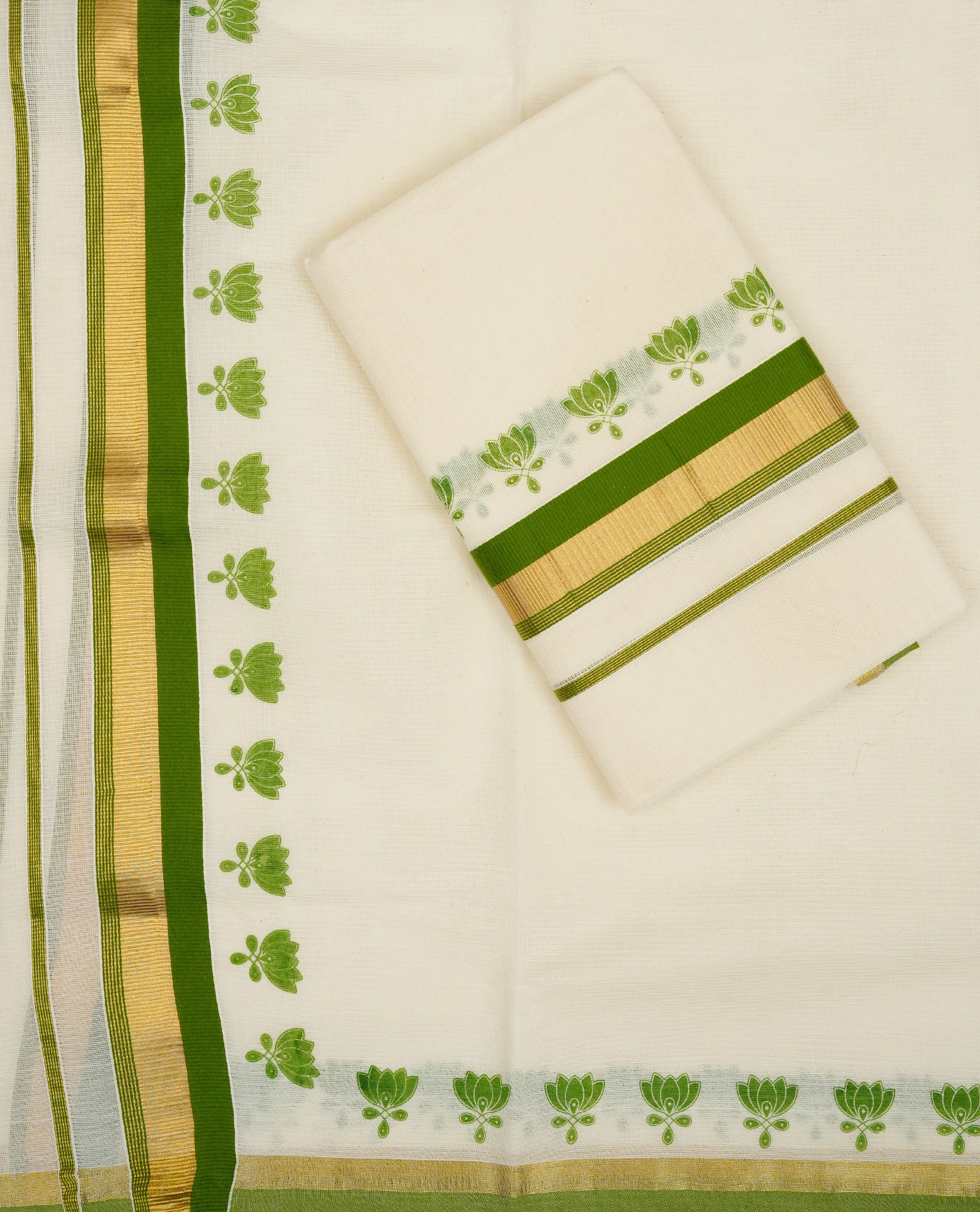 Cream colour Cotton set mundu With plain body, enhance gold zari with Green colour kara.