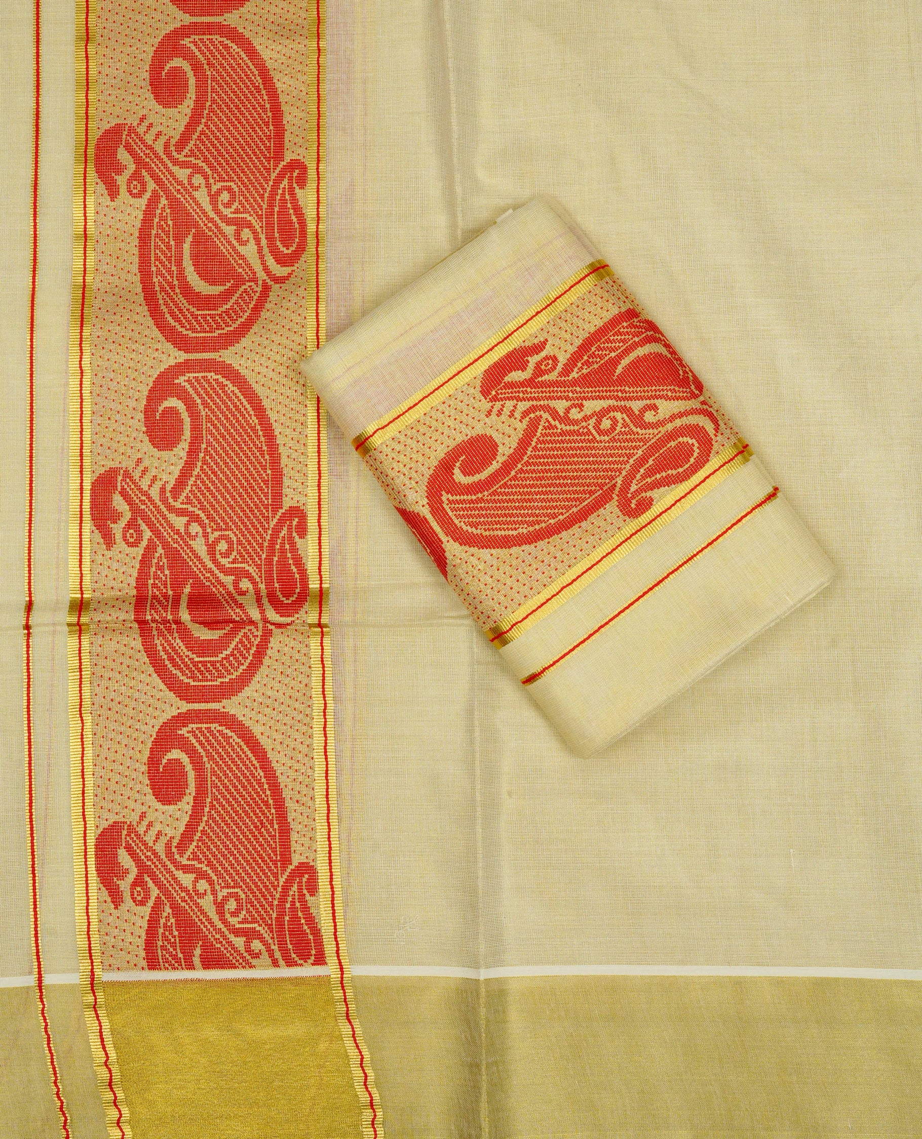 Cream Colour tissue set mundu featuring a plain body, enhanced with elegant traditional instrument Design on the gold zari kara.