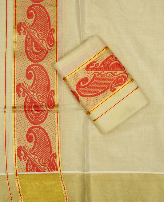 Cream Colour tissue set mundu featuring a plain body, enhanced with elegant traditional instrument Design on the gold zari kara.