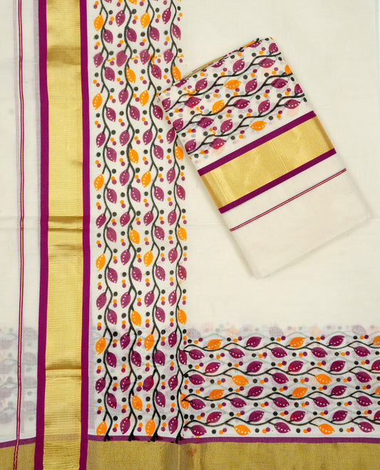 Cream colour cotton set mundu featuring Gold kasav with magenta Leaf kodi print kara.