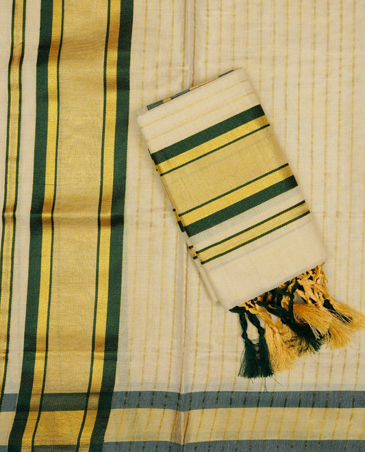 Cream Colour tissue set mundu featuring a Striped body, enhanced with elegant Green & gold zari kara.