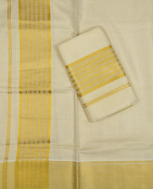 Cream colour cotton set mundu with Gold zari Dotted strips on body, featuring Gold zari kara.