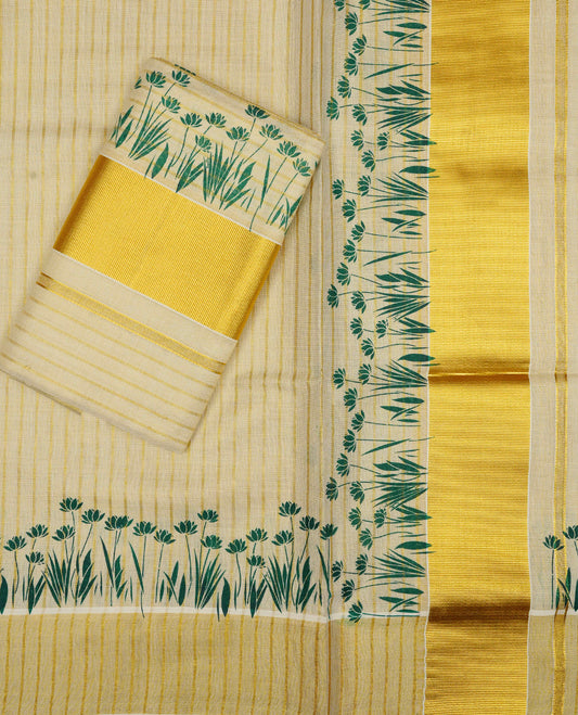 Cream  Colour tissue set mundu featuring a subtle striped body, enhanced with elegant green lotus and foliage motifs & a rich gold zari kara