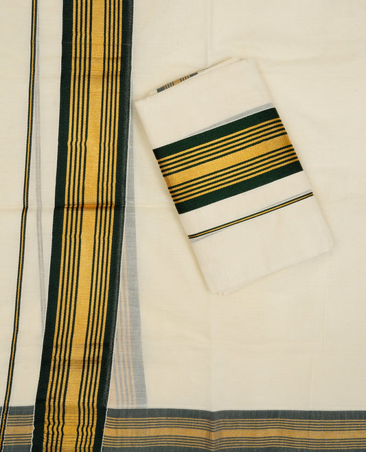 Cream colour Cotton set mundu With plain body , Featuring Gold & green kara.