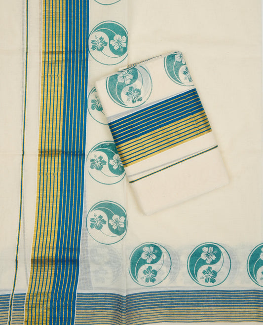 Cream colour cotton Set Mundu With Plain body, enhanced with Blue & Gold zari With Printed kara.