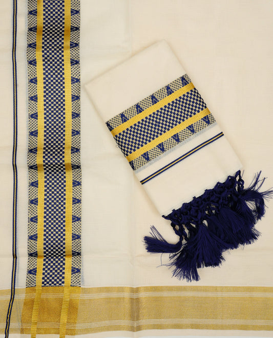 Cream colour Cotton set mundu With plain body, enhance gold zari with blue Temple & box Pattern kara.
