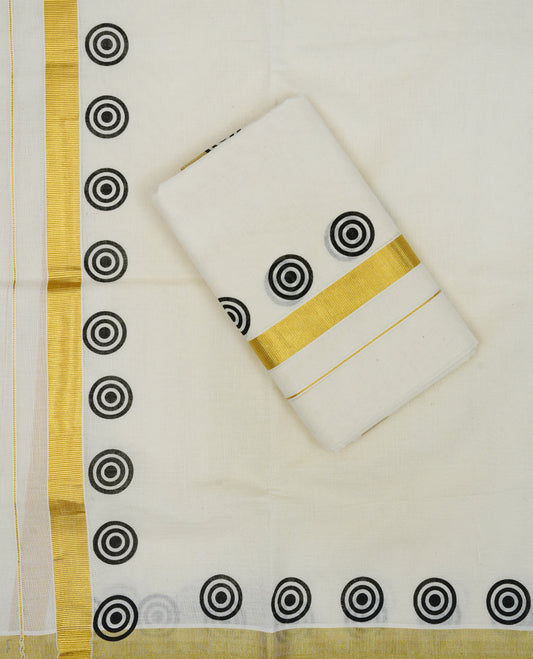 Cream colour cotton set mundu featuring Kasavu Kara with black circle print.