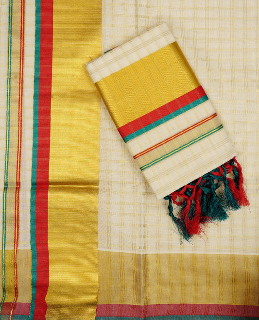 Cream colour cotton Set Mundu With Gold zari check on body, enhanced with Green, Red & gold zari kara.