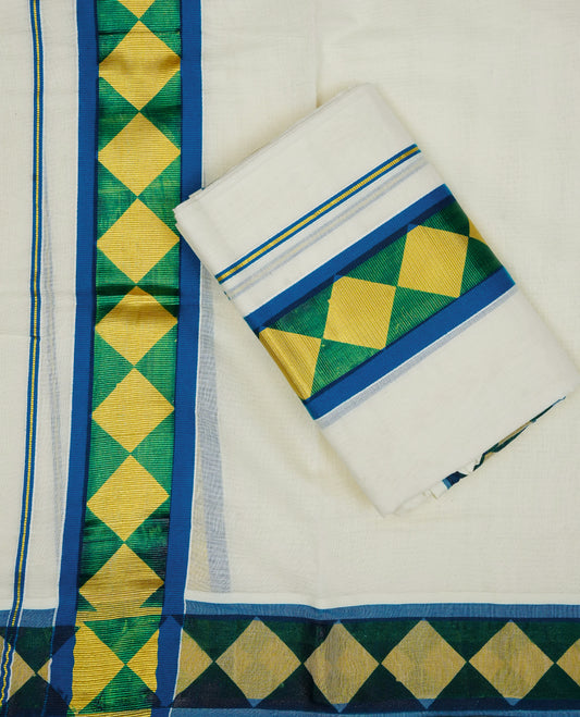 Cream colour cotton set mundu featuring Gold box pattern on blue kara .
