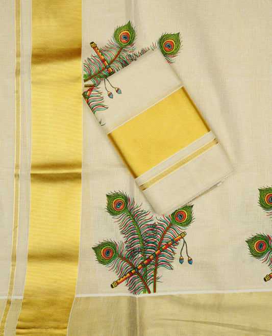 Cream Colour  tissue set mundu featuring a plain body, enhanced with elegant peacock feather and flute prints with a rich gold zari kara.