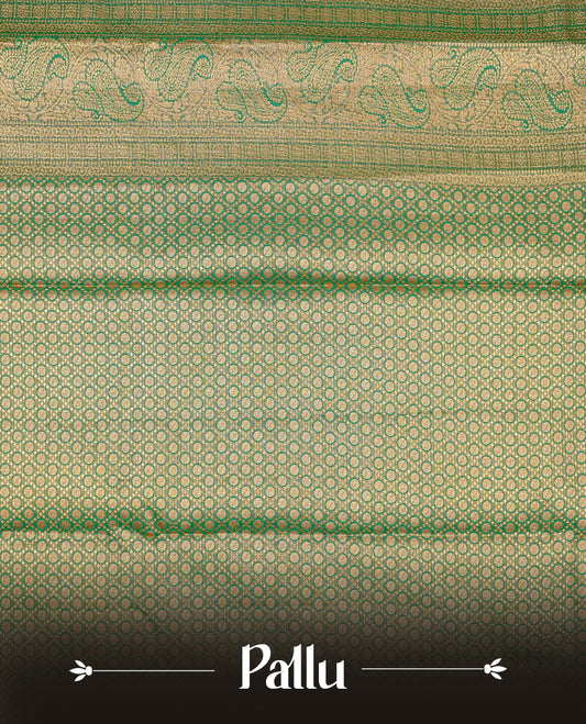 Green & Gold Double shade Semi Tissue Silk saree featuring Light gold pattern on body, complemented by Contrast Blue with gold zari border, paired with matching blouse piece.