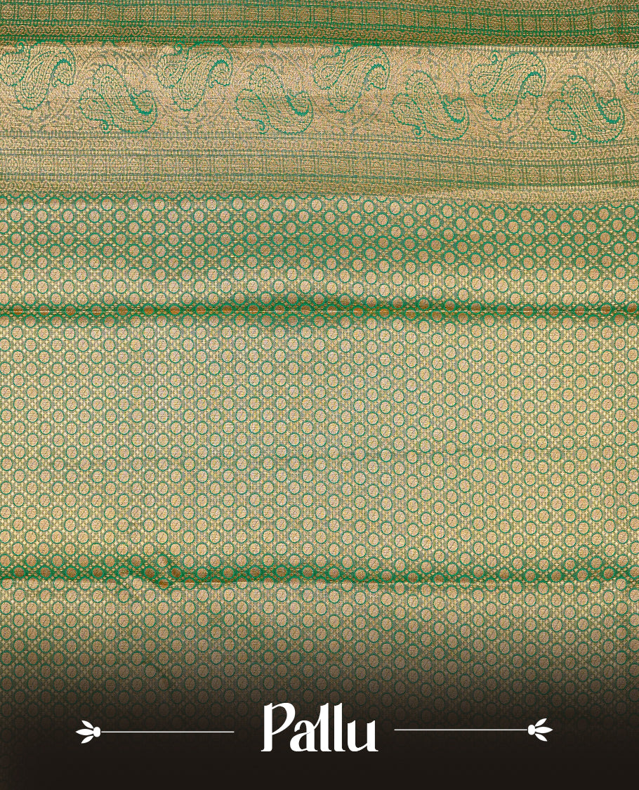 Green & Gold Double shade Semi Tissue Silk saree featuring Light gold pattern on body, complemented by Contrast Blue with gold zari border, paired with matching blouse piece.