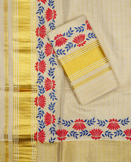 Cream Colour tissue set mundu featuring a striped body, enhanced with elegant floral prints and finished with a rich gold zari kara.