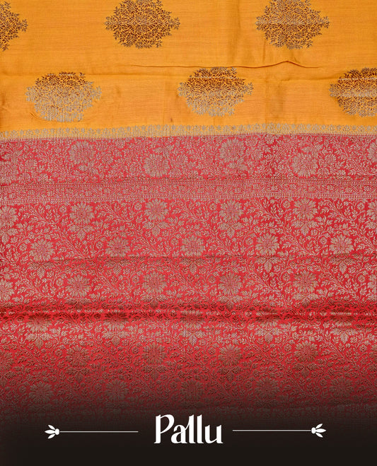 Mustard colour banaras saree featuring gold zari motifs on body, complemented by contrast Maroon colour with gold zari border, comes with matching blouse piece.