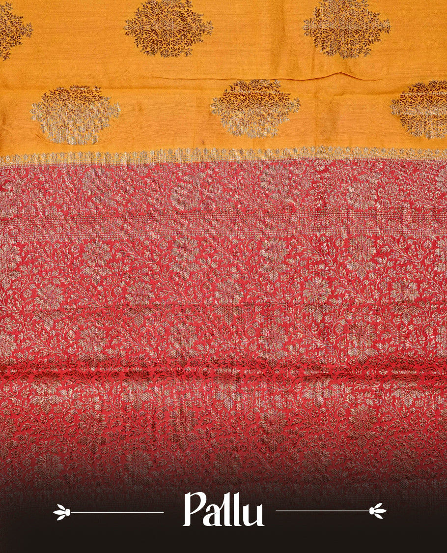 Mustard colour banaras saree featuring gold zari motifs on body, complemented by contrast Maroon colour with gold zari border, comes with matching blouse piece.