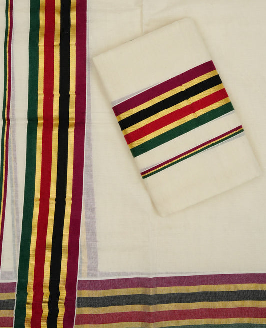 Cream colour Cotton set mundu With plain body, enhance gold zari with Green, red, black colour strip kara.